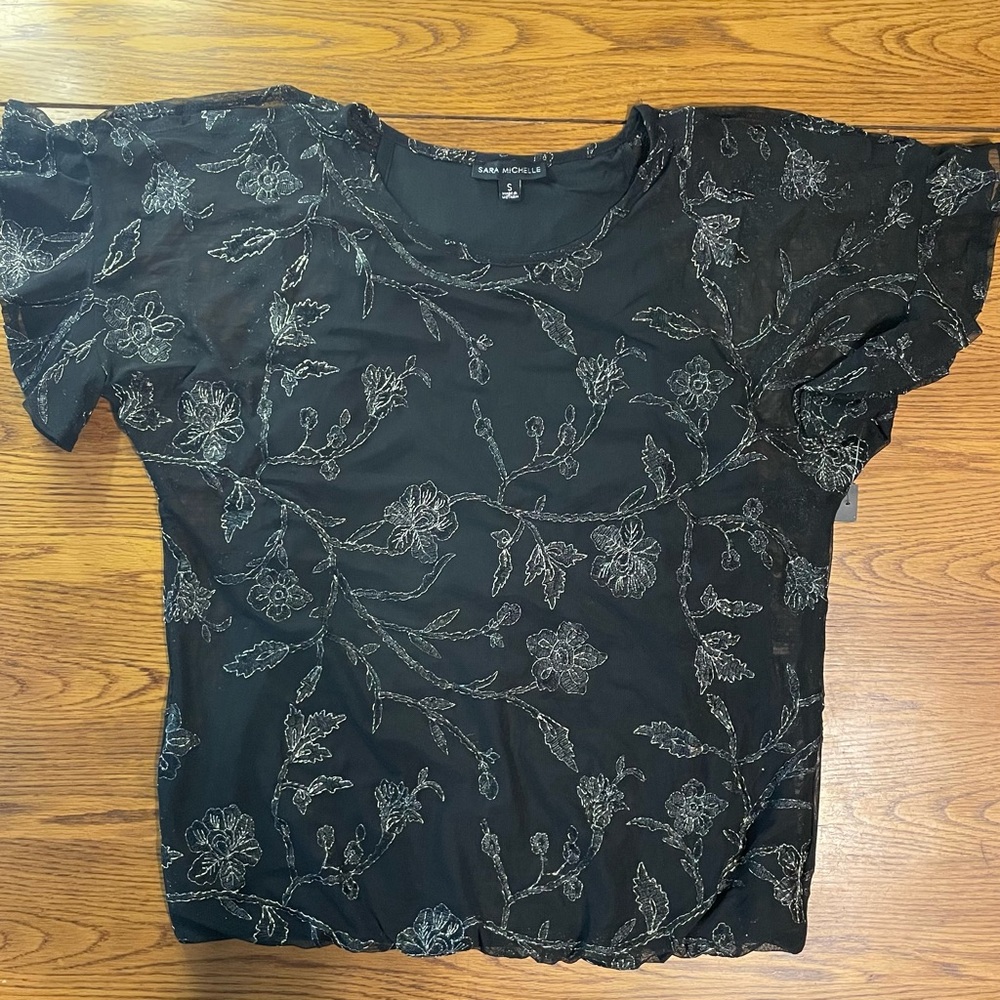 3for$6, NWT Sara Michelle Floral Gold Embroidered Black Top